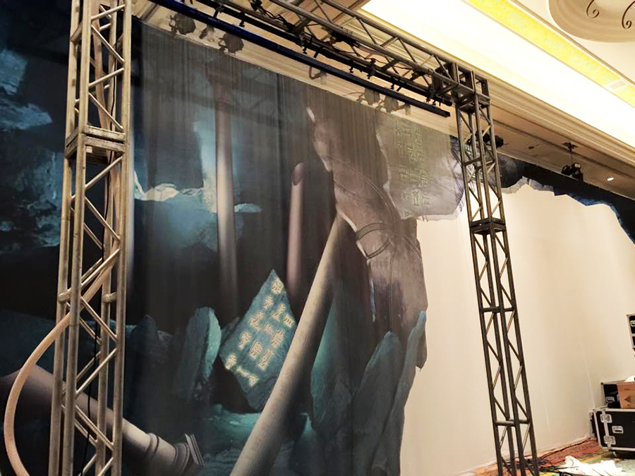 Tsunami Water Screen&trade; is a Water scrim, rain wall, video waterfall, water curtain, H2O screen, water curtain, projection screen.